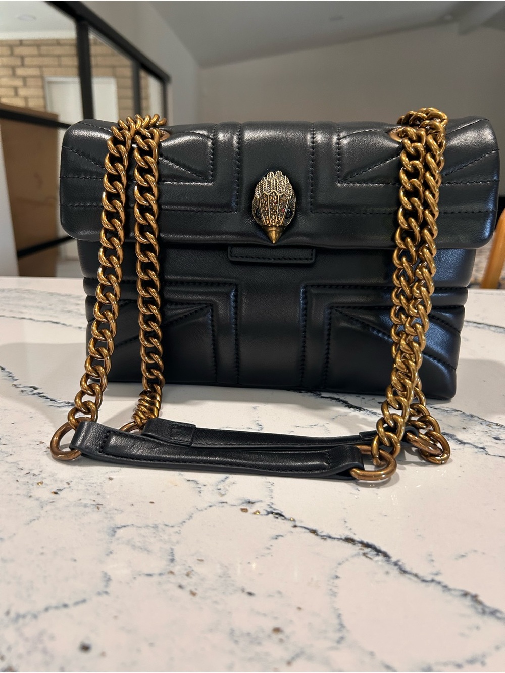 Kurt Geiger Black Quilted Leather Crossbody with Gold Chain and Clasp. Unworn!